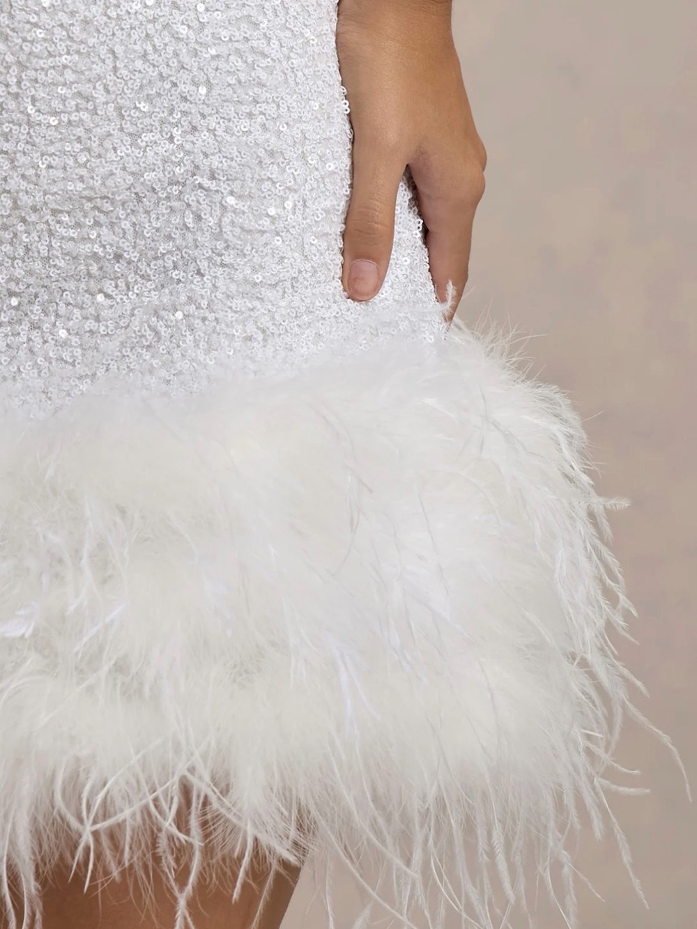 Club L London Lumi White Sequin High Neck Mini Feather Trim Mini Dress - Picture 5 of 6